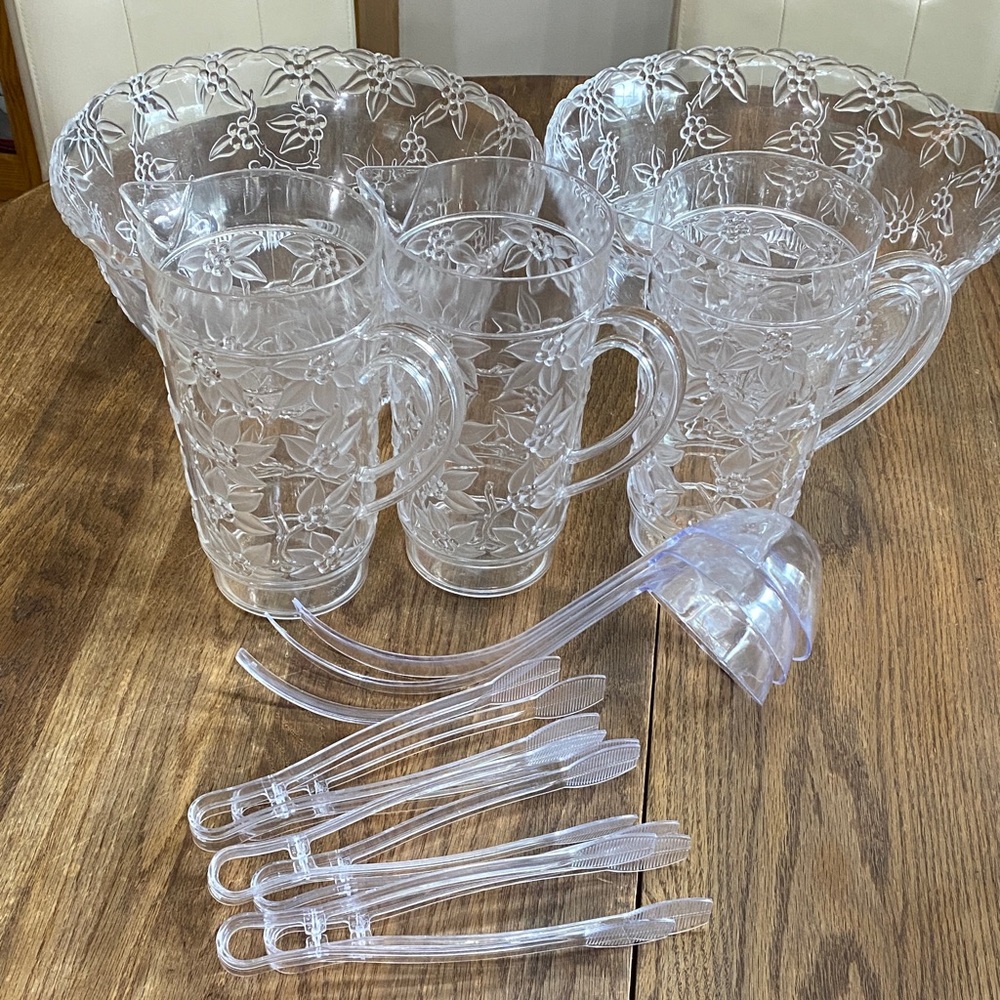 Clear Floral Acrylic Pitcher and Bowl Set w/Ladles & Tongs.